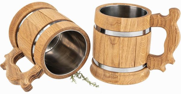 Holz Frank Bierkrug Bierkrug aus Eiche geölt mit Metallreifen & Edelstahleinsatz ca. 0,5L, Eiche und Edelstahl