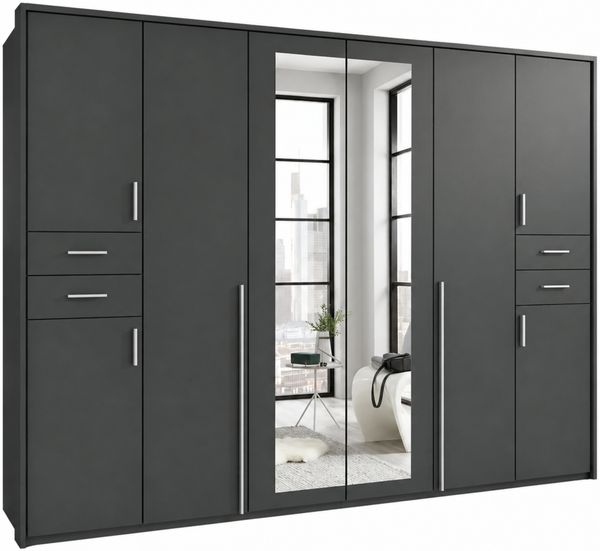 Drehtürenschrank Kleiderschrank 273cm Schubkästen Passepartout Spiegel in Grafit