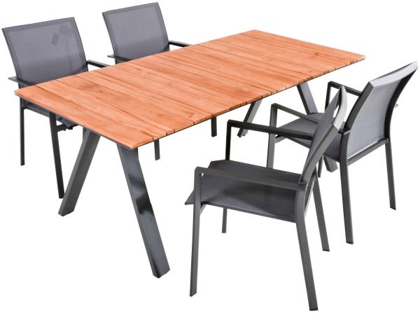 5-tlg. Teak Tischgruppe DAVINA Set Garten Sitzgruppe Outdoor Grau Holz Möbel