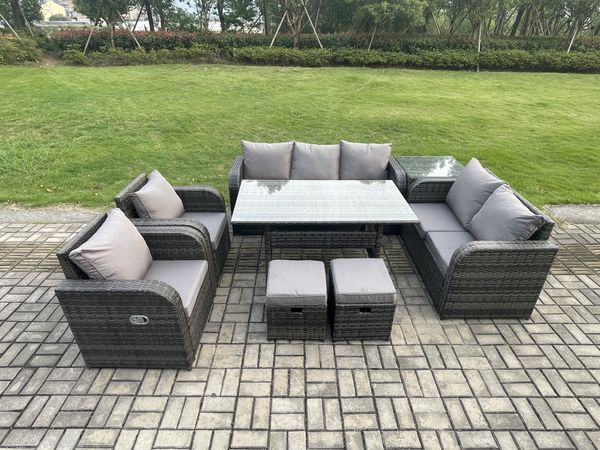 Fimous Dunkelgrau Polyrattan Gartenmöbel-Set Liegestuhl Liebe Sofa 2 Sitzer Sofa Set Outdoor Rechteckiger Esstisch 2 kleine Fußhockern Beistelltischen 9 Sitzer