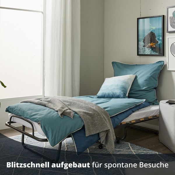 KHG Gästebett klappbares Metallbett stabil auf Rollen für Erwachsene & Kinder (leicht zu tragen und verstauen bis 90kg belastbar, 1-St) Klappbar auf Rollen inkl. Matratze
