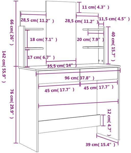 vidaXL Schminktisch mit Spiegel Grau Sonoma 96x39x142 cm 837580 Bild 9