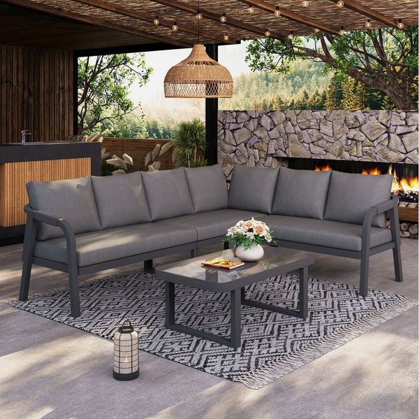 REDOM Gartenlounge-Set Eckstellung für bis zu 6 Personen, (Set, 2-tlg, Inklusive Ecksofa & Couchtisch, wetterfest), Geflochtene Arm- & Rückenlehnen, verzinkte Stahlrohre