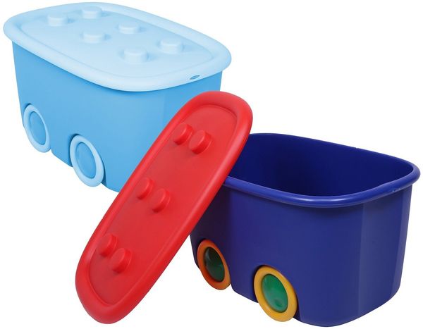 ONDIS24 Aufbewahrungsbox Spielzeugaufbewahrungsbox Spielzeugkiste Kinder (2er Set), 46 liter, Spielzeugbox Funny mit großen Rädern und aufliegendem Deckel