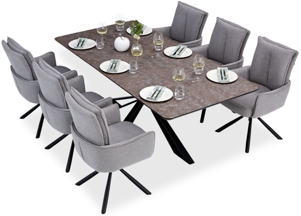 Esstisch mit 6 Stühlen Set Essgruppe Polsterstühle Drehbar Grau Esszimmertisch 200x100 cm Metall Braun Schwarz