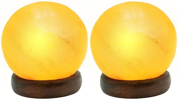 2er Set LED Tischleuchte, Salzkristall, Holz, H 10,2 cm