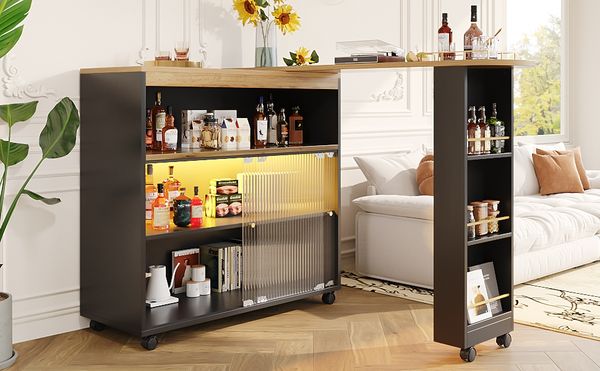 Bartisch 138-204x39x105 cm, ausziehbar, MDF, LED-Leiste, Rollen & Schiebetüren，Schwarz