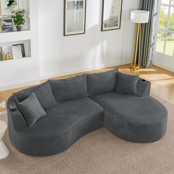 3-Sitzer Sofa H 76 x T 264 x B 168 cm aus grauem Kordstoff mit Getränkehaltern und Kissen