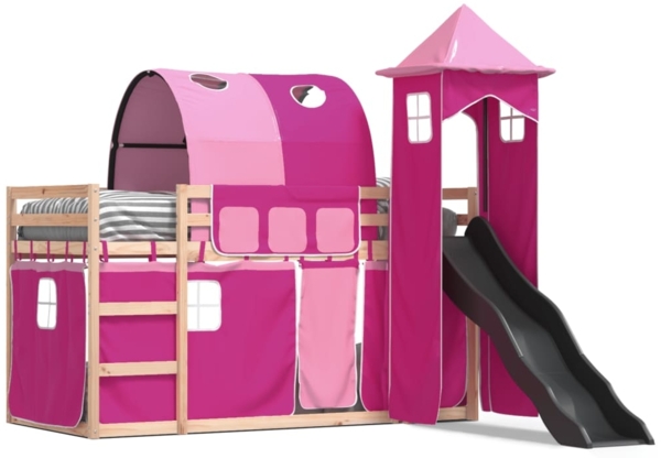 vidaXL Etagenbett mit Rutsche und Gardinen Rosa 90x200 cm 3284163