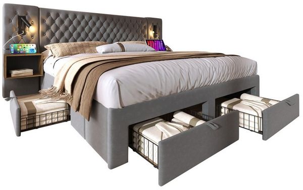 REDOM Polsterbett Bettanlage Schlafzimmer Komplett Set (Doppelbett, 1-tlg, 180 ×200 cm, mit Matratze), mit 2 Nachttischen, 4 Schubladen, Leselicht mit USB Ladefunktion