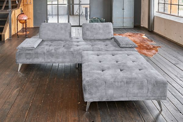 KAWOLA Sofa WIOLO Schlafsofa Daybed mit Hocker velvet grau 80 x 110 x 240 cm