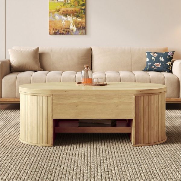 MODFU Couchtisch höhenverstellbarer Couchtisch mit Holzoptik (Beistelltisch, Sofatisch, 1-St, ausziehbarem Regal), mit gebogenen Holzseiten