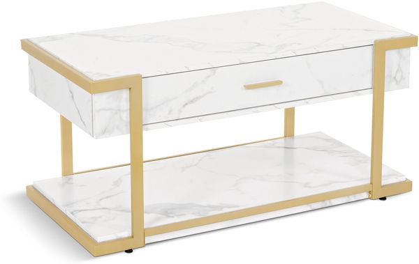 BarberPub Couchtisch Gold, Beistelltisch mit Schublade, Sofatisch mit 2 Ablagen, Moderner Wohnzimmertisch Metall, Kaffeetisch für Wohnzimmer, Schönheitssalon, Marmor-Weiß, 50x100,5x48cm, 2141 Bild 7