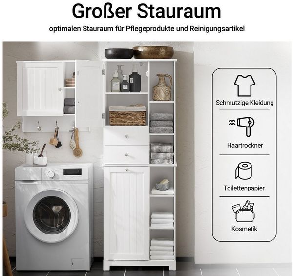 SoBuy Badkommode BZR104, Badezimmerschrank Badschrank Hoch Badregal Wäscheschrank, Aufbewahrungsschrank mit Wäschekorb, mit 6 Ablagen und 2 Schubladen
