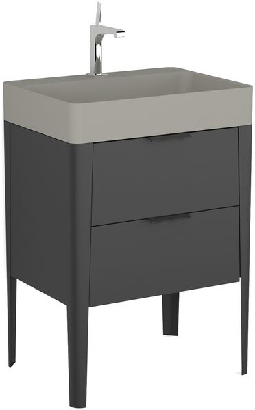 BADEDU SORA Waschbecken mit Unterschrank 60 cm breit, Schwarz matt, Waschbecken Quarzkomposit Grau, aus Aluminium, mit Füßen
