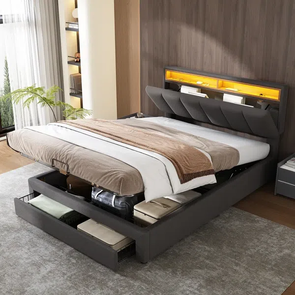 Polsterbett mit LED-Beleuchtung, Stauraum, Regal und Schubladen, Doppelbett, 140x200 cm, gepolsterter Kopfteil, Bezug aus Leinen