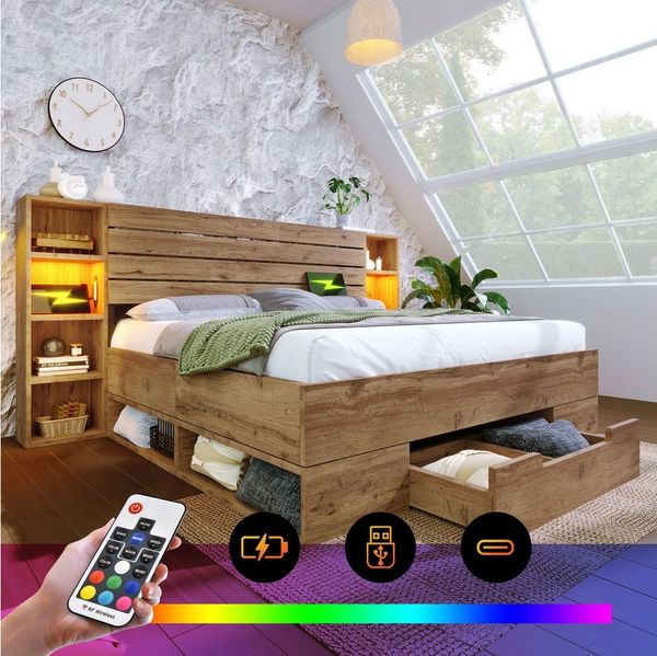 HAUSS SPOLE Holzbett 160×200 mit LED-Beleuchtung und USB C Stauraum-Kopfteil und Schubladen (Struraumbett, Doppelbett Funktionsbett, 160×200cm, ohne Matratze), Stauraumbett Bettanlage mit LED-Beleuchtung und USB/Type C