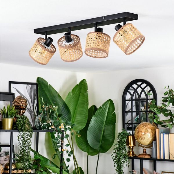 hofstein Deckenleuchte Deckenlampe aus Metall/Korbgeflecht/Rattan in Schwarz/Beige/Natur, ohne Leuchtmittel, verstellbare Deckenleuchte im Boho-Design (Schirme Ø 12 cm), 4 x E14
