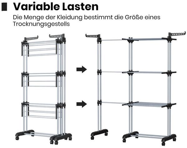 Oak&Tea Wäscheständer Ausziehbarer Wäscheständer Turm für Balkon & Wohnung, XXL Standtrockner, 4 Ebenen, klappbare zwischen 83-200cm, mit Rollen