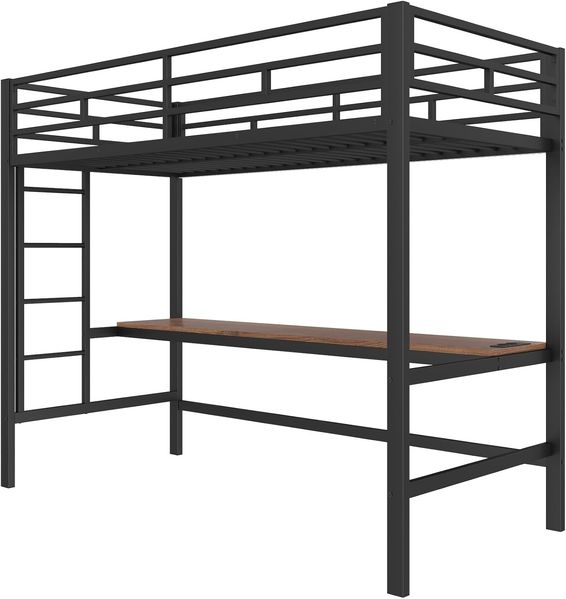 Hochbett mit Schreibtisch und LED-Beleuchtung, 90x200 cm, Kinderbett mit Rausfallschutz, Metallbett Bild 7