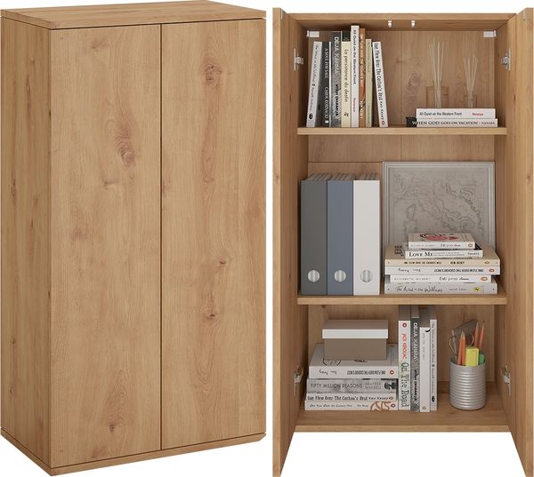 Bellamio 'Ais' Mehrzweckschrank, Eichenoptik, 110x33x60 cm, kleiner Aktenschrank mit 3 Fächern, Hängeschrank mit Push-to-open