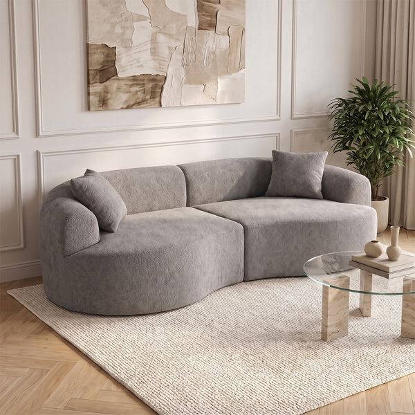 skølm 'Loki' Sofa 2 Sitzer, Vollschaumcouch mit Federkern und Vakuum-Kompression, kein Aufbau erforderlich, mit 2 Kissen, Teddy-Bouclé-Stoff in grau
