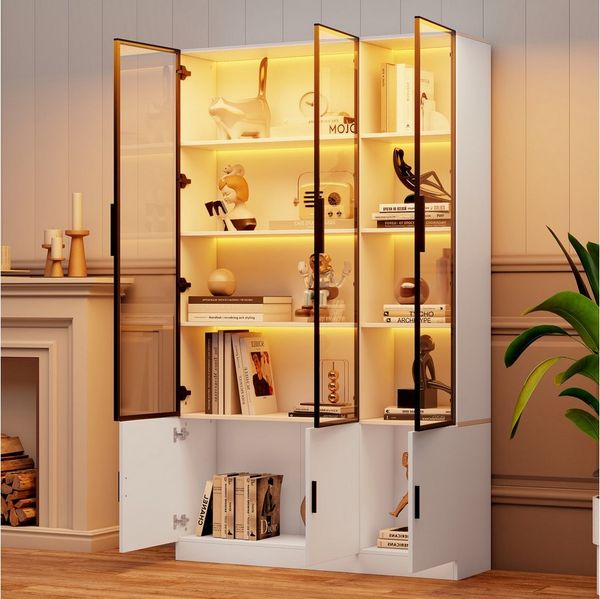 OKWISH Vitrine Regal 120x200x32 cm mit 6 Glastüren & LED-Beleuchtung – Weiß (Packung, 1-St, Stauraum mit integrierter Kippsicherung) Schlanke 200cm Vitrine, Elegante Präsentation für Sammlerstücke