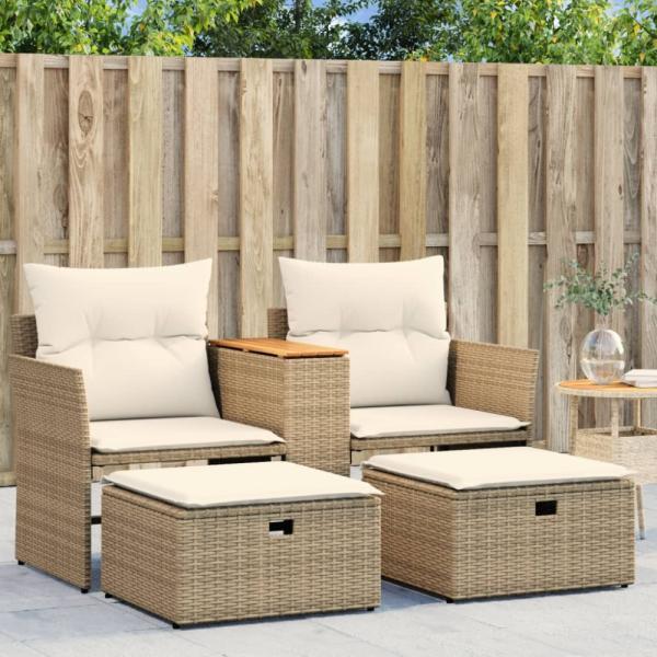 vidaXL Gartensofa 2-Sitzer mit Hockern Beige Poly Rattan 365805
