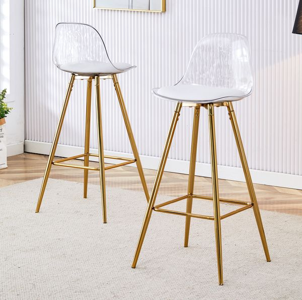 Barhocker-Set aus 2 mit Goldgestell und transparenter Sitzschale, 38 x 33 x 96,5 cm – bis 120 kg belastbar