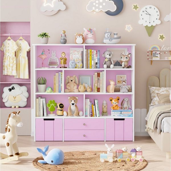 Homfa Kinderregal mit 2 Spielzeugkisten auf Rollen und 2 Schublade, Spielzeugregal mit 7 offenen Fächern Spielzeugtruhe 125x120x33cm weiß