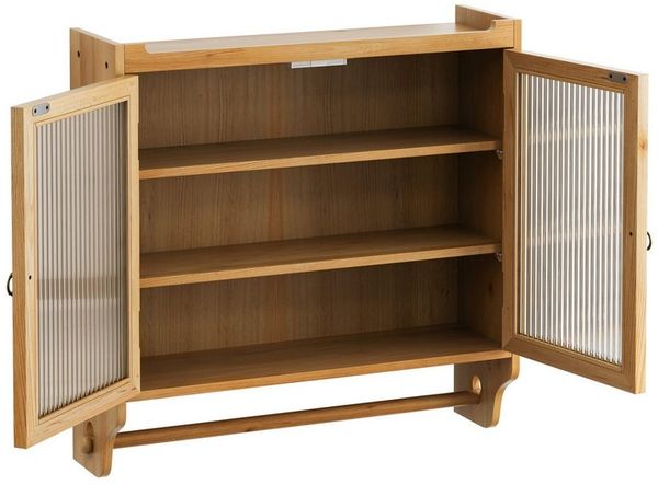 MODFU Hängeschrank Zweitüriger Wandschrank 70 cm,Stauraumschrank Hängevitrine (Vintage Glas-Wandregal mit Doppelglastüren und 3 Regalen – Wandmontage für Badezimmer, Küche, Esszimmer – Praktischer Handtuchhalter und Stauraum in Naturholzoptik) Gewichts...