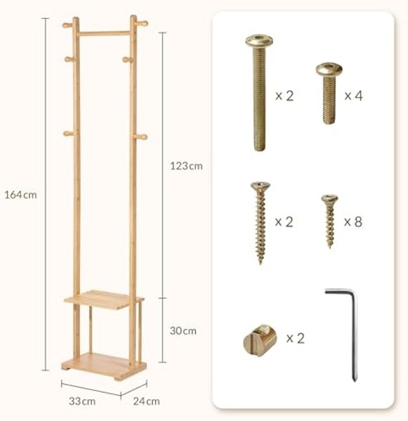 Todeco Garderobenständer aus Bambus, Kleiderständer schmal mit 6 Haken, 2 Ablagen für Kleidung Hüte Taschen Schuh, Jackenständer mit Kleiderstange für Flur Wohnzimmer Schlafzimmer Bild 5