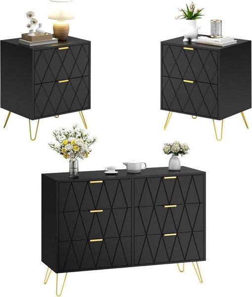 UEV Schlafzimmer-Set, 3er-Set Schlafzimmermöbel, Sparset Jugendzimmer-Set, (Kommode mit 6 Schubladen und 2er-Set Nachttisch, Modern Linienmuster, Skandinavisch Goldene Griffe und Füße), Schublade mit Soft-close, Sideboard mit Kisppschutz
