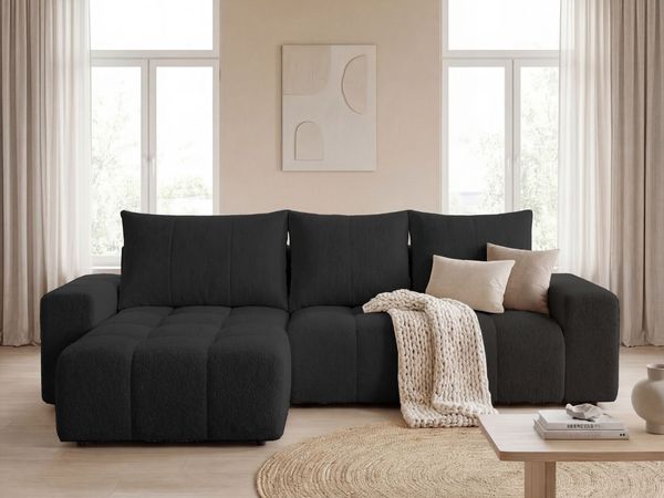 GRAINGOLD Ecksofa Bresso, Universelles Ecksofa mit Schlaffunktion, gesteppte Sitzfläche, Bouclé-Stoff, Schwarz