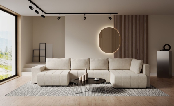 Wohnlandschaft Schlafsofa ARMANDA in Stoff Blur Creme langer Schenkel Rechts