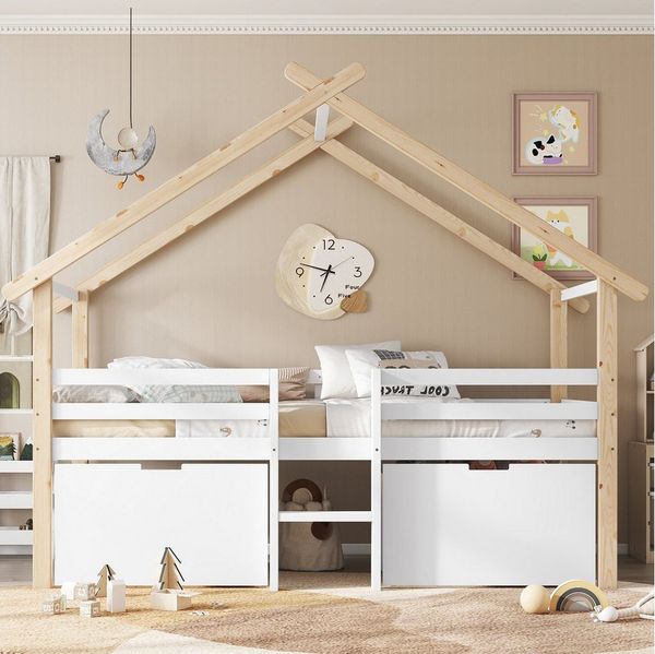 Flieks Kinderbett, Hausbett Halbhohes Bett 90x200cm mit Dach, Leiter und 2 Schubladen