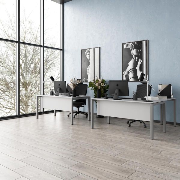 Schreibtisch Tetra, 160 cm, inkl. Anbau rechts o. links montierbar, grau Dekor/silber RAL 9006 inkl. Kabelkanal