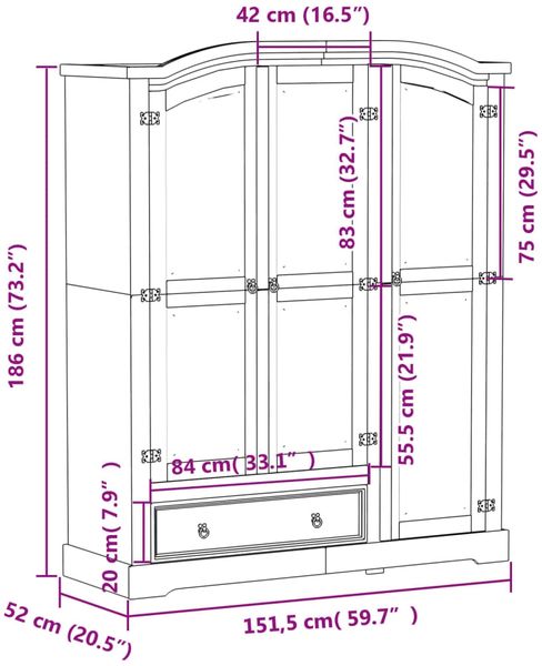 vidaXL Kleiderschrank Corona 151,5x52x186 cm Massivholz Kiefer 4012160 Bild 9