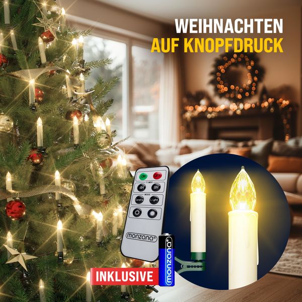 MONZANA® 30x LED Weihnachtsbaumkerzen Kabellos Fernbedienung Warmweiß Weihnachtskerzen Christbaumkerzen Tannenbaumkerzen