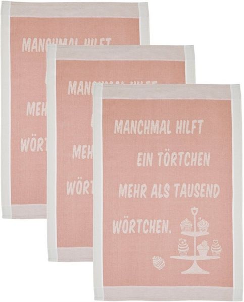 ROSS Geschirrtuch Manchmal hilft ein Törtchen mehr als tausend Wörtchen, (Set, 3-tlg), Sprüchetuch, aus 100% Baumwolle