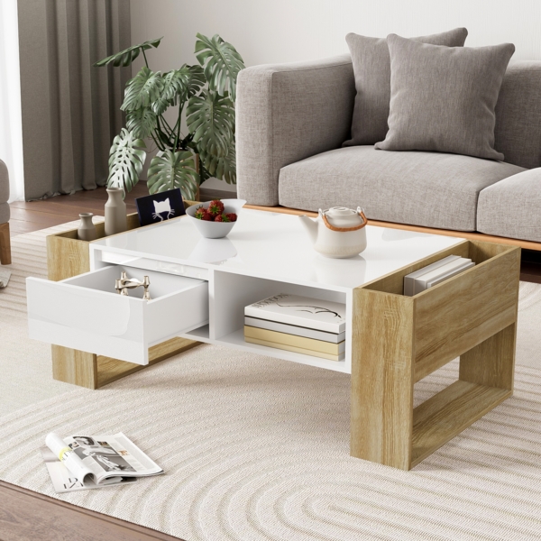 Couchtisch Holz Weiß Hochglanz mit Schublade und Ablagefach modern Wohnzimmer Beistelltisch