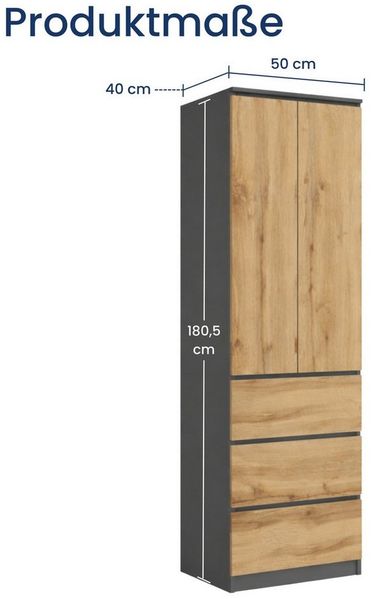 Home Collective Kleiderschrank Garderobenschrank Mehrzweckschrank Schrank platzsparend & vielseitig (50x40x180,5 cm (BxTxH), ideal für Schlafzimmer Flur & Arbeitszimmer) mit 2 Türig 3 Einlegeböden & 3 Schubladen in anthrazit-eiche