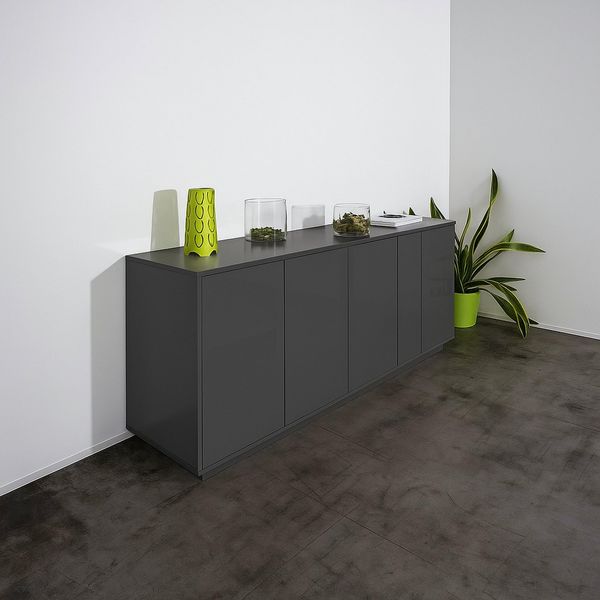 Dmora - Kommode Virgilio, 4-türiges Küchen-Sideboard, Wohnzimmer-Buffet, 100% Made in Italy, 180 x 41 x 86 cm, glänzendes Anthrazit,