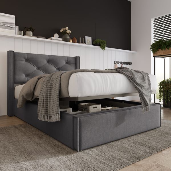 Novelux Hydraulik-Bett 90x200 cm mit Stauraum & Matratze – Polsterbett grau, Metallrahmen, Lattenrost aus Kiefernholz, OEKO-TEX® Standard 100