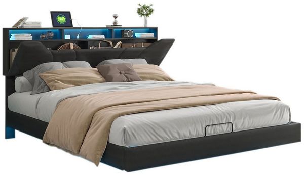 FUROKOY Stauraumbett Schwebebett Bett Jugendbett mit LED-Beleuchtung (Höhenverstellbares Kopfteil mit USB Ladefunktion), Polsterbett Doppelbett 140x200 cm mit LED Licht, PU, Schwarz