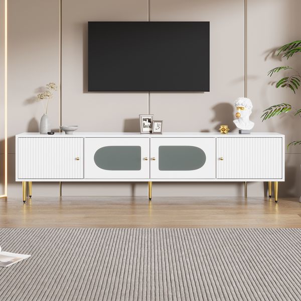 TV-Schrank 170x35x50 cm, Weiß mit Goldakzenten, 4 Türen, Kabelmanagement