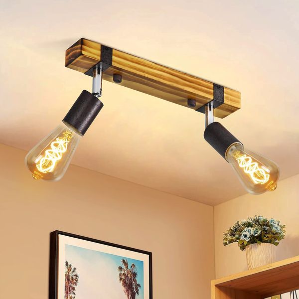 ZMH Retro Deckenstrahler 2-flammig dimmbar mit Holzbalken, LED verstellbar, austauschbar