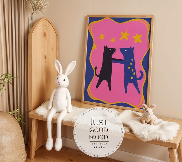 Poster Kinderzimmer Katzen · Tanz unterm Sternenhimmel · Bunte Deko in Pink & Blau · Freundschaft & Magie · Ohne Rahmen - 70x100 cm