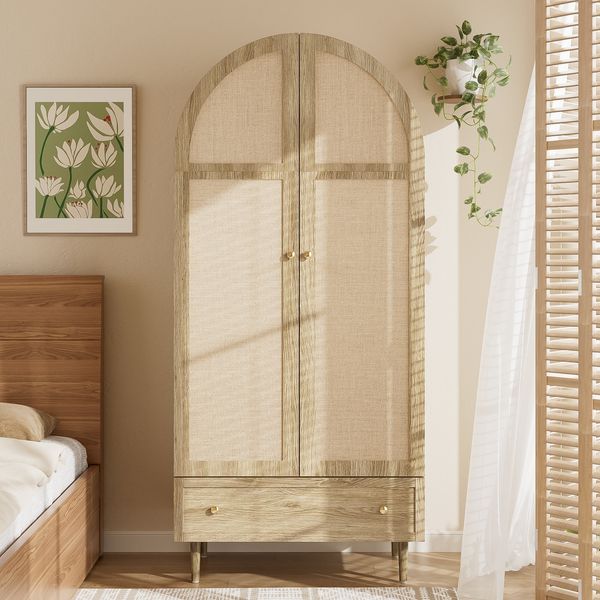 Kleiderschrank in Eichenoptik mit Stofftüren, Kleiderstange und Schubladen, Moderner Designer-Garderobenschrank, Kompakter Aufbewahrungsschrank
