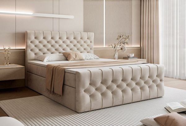 Goldstoff Boxspringbett TAURIEL mit Federkernmatratze & Topper, zwei Bettkästen (von 120 bis 200x200 cm), modernes Doppelbett aus Velvet Stoff mit edlem Kopfteil